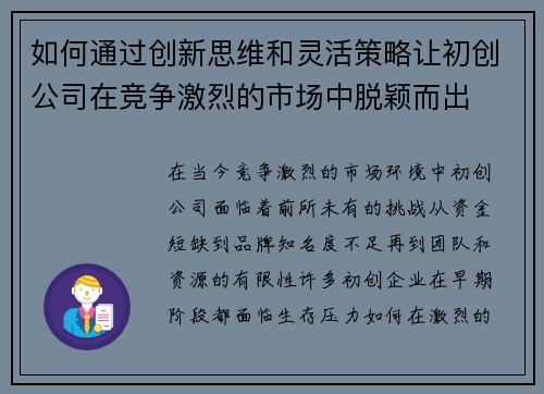 如何通过创新思维和灵活策略让初创公司在竞争激烈的市场中脱颖而出