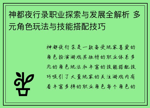 神都夜行录职业探索与发展全解析 多元角色玩法与技能搭配技巧