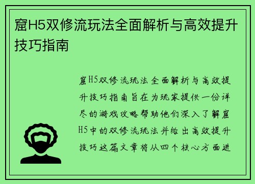 窟H5双修流玩法全面解析与高效提升技巧指南